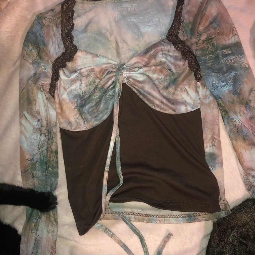 Dazy Sheer Long Sleeve Top with Brown Bustier